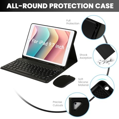 Bluetooth Keyboard Case with Mouse for iPad 6th/5th 9.7 inch+Mouse Black