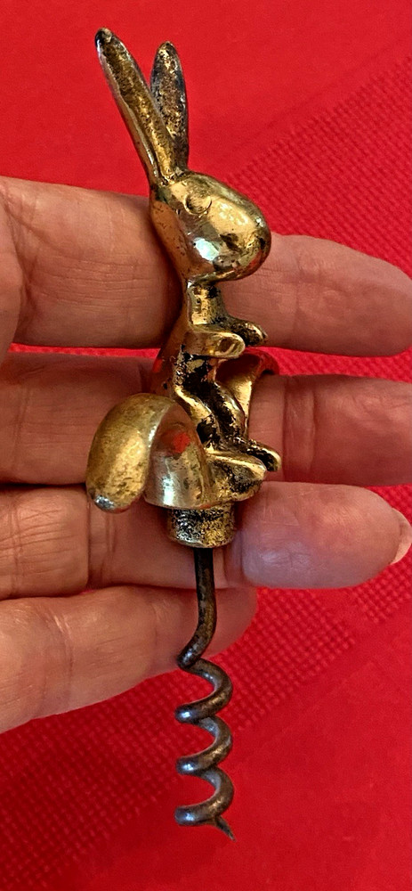 Vintage Figural 4-D Art Deco Solid Brass RABBIT BUNNY 2 Finger Pull CORKSCREW