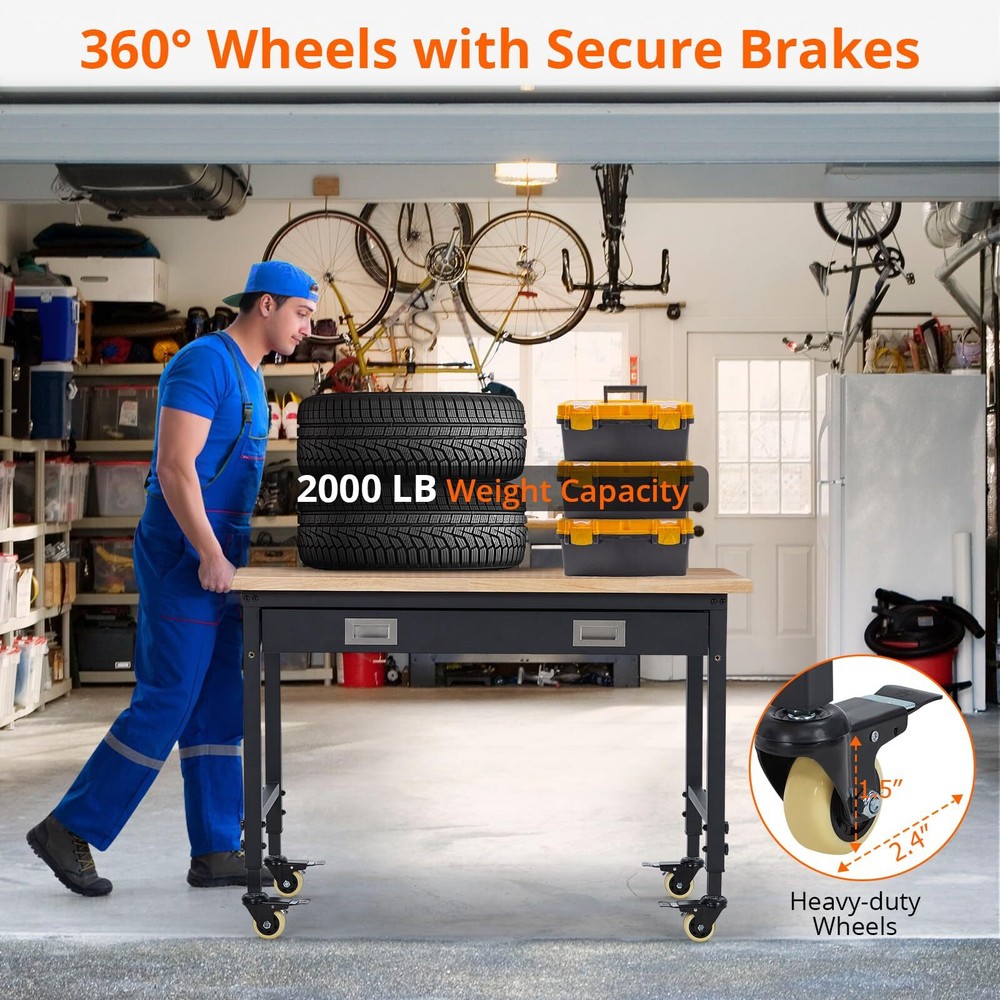 ☑️48" Adjustable Workbench Workstation 2000LB Load Capacity Rubber Wood Top Draw