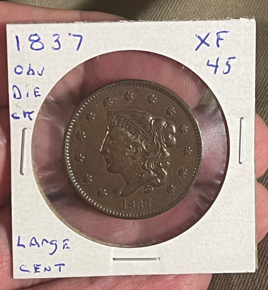 1837 large cent, plain cord, medium letters reverse, Die crack obverse. XF