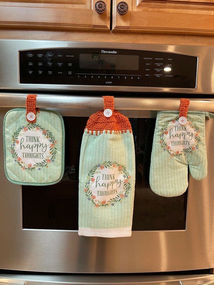 "Think Happy Thoughts" Crocheted Top Dish Towel 3 Piece Set