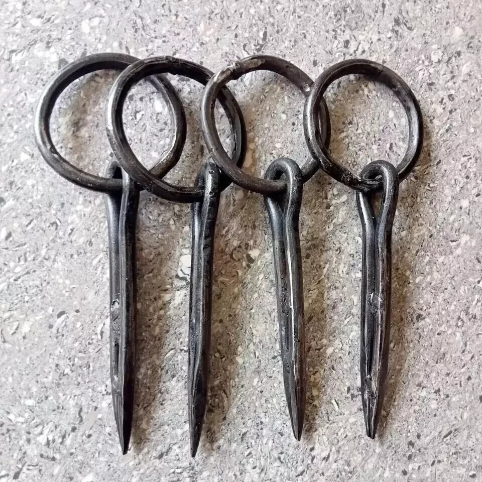 Antique Wrought Iron Ring on Pin, Tethering Game Hook Blacksmith Hardware 4 Unit