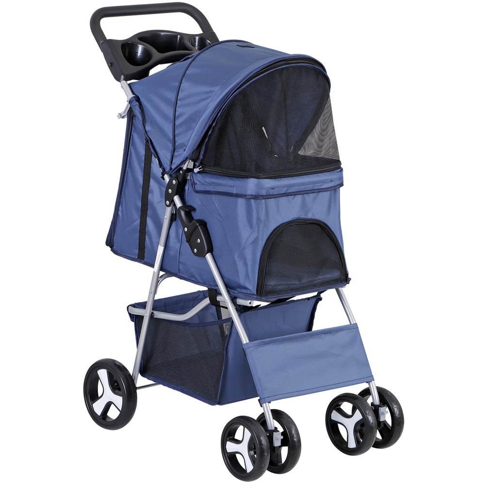 Compact Navy Blue Pet Stroller with Mesh Windows and Quality Upgrades