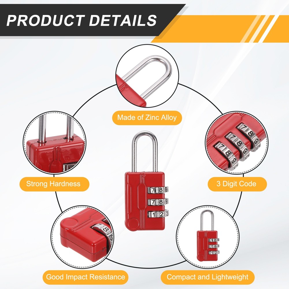 2Pcs Resettable 3 Digit Combination Lock Code Padlock, Red (56 x 24mm)