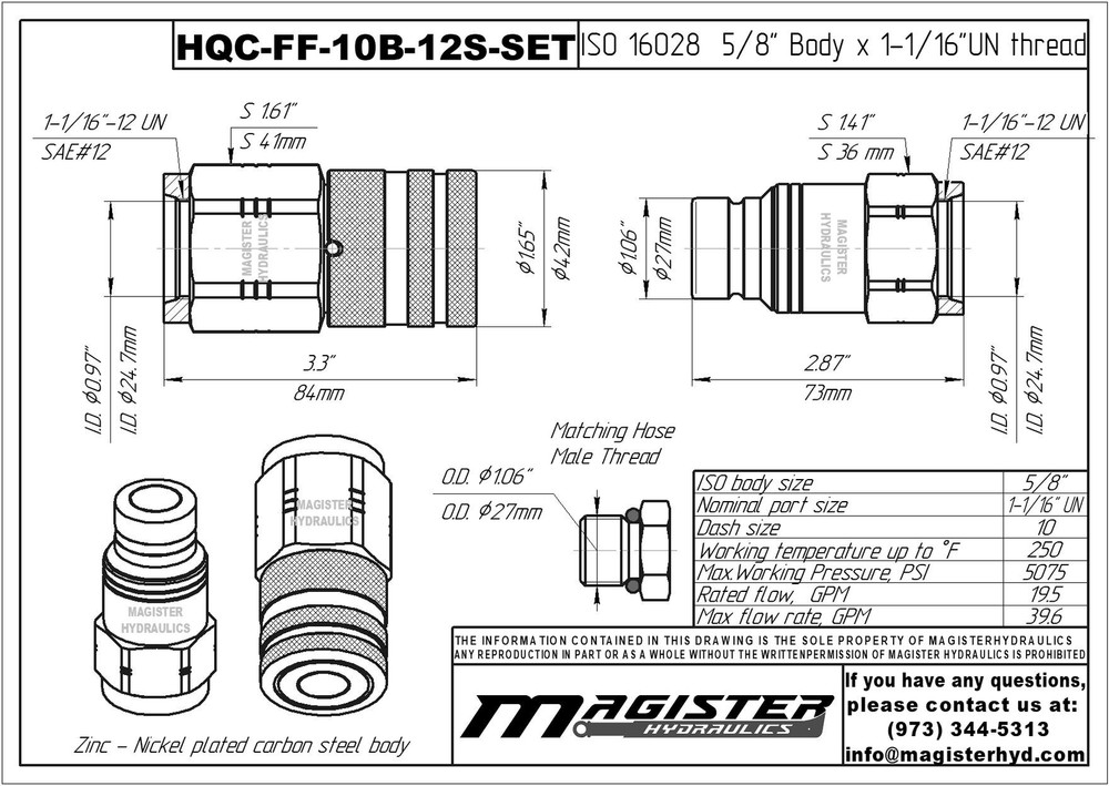 5/8″ Flat Face Hydraulic Quick Couplers Set - 3/4″ SAE Thread