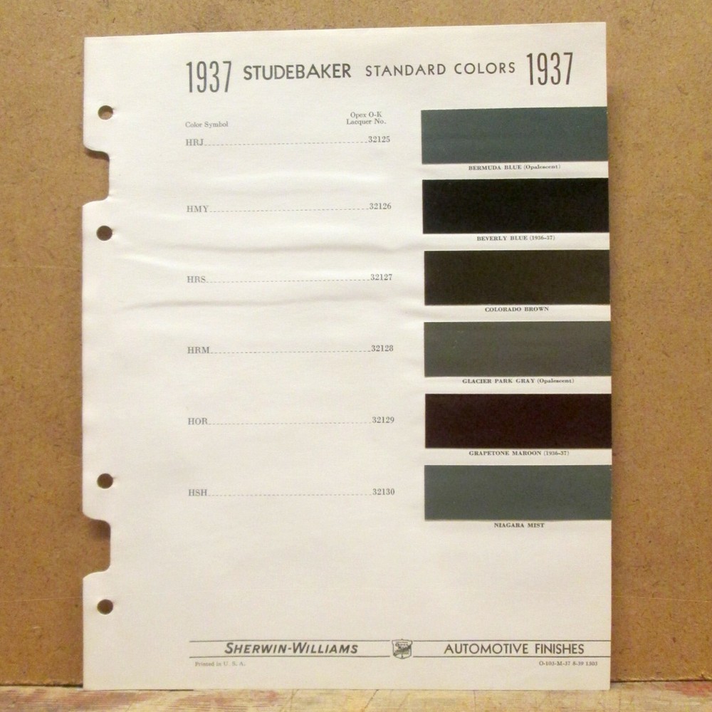 1937 STUDEBAKER PAINT CHIP SHEETS - Sherwin WIlliams