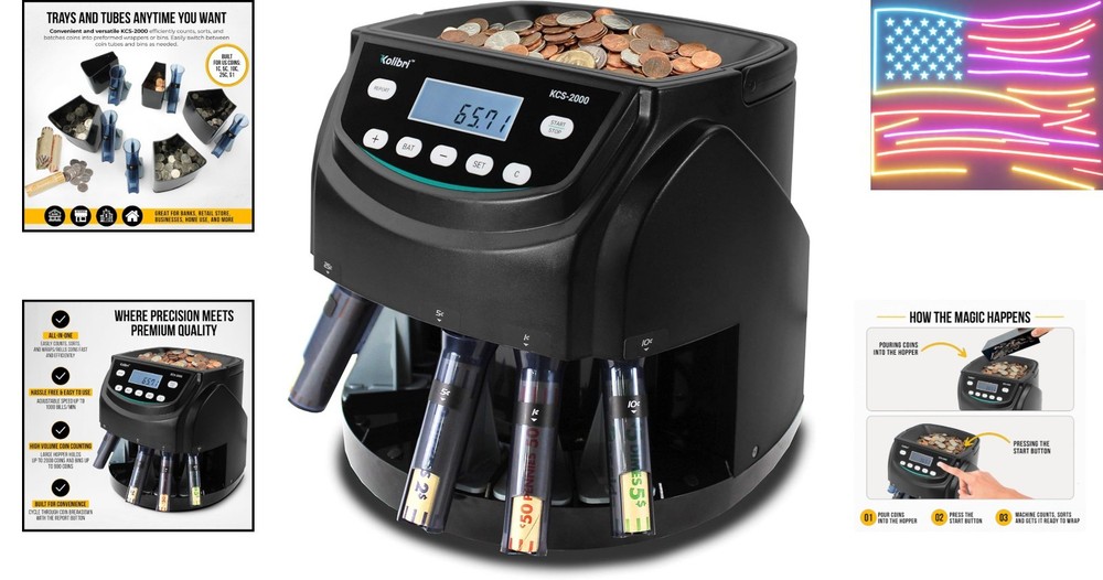KCS-2000 Professional USD Coin Counter Machine, Coin Sorter, Wrapper/Roller |...