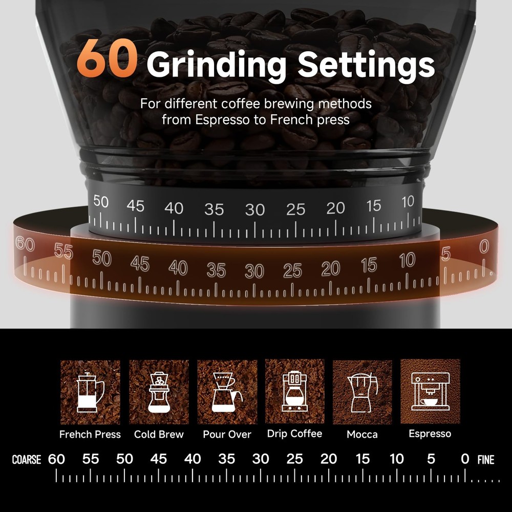 Coffee Grinder, Cordless Coffee Bean Grinder with 60 Grind Settings,Conical B...