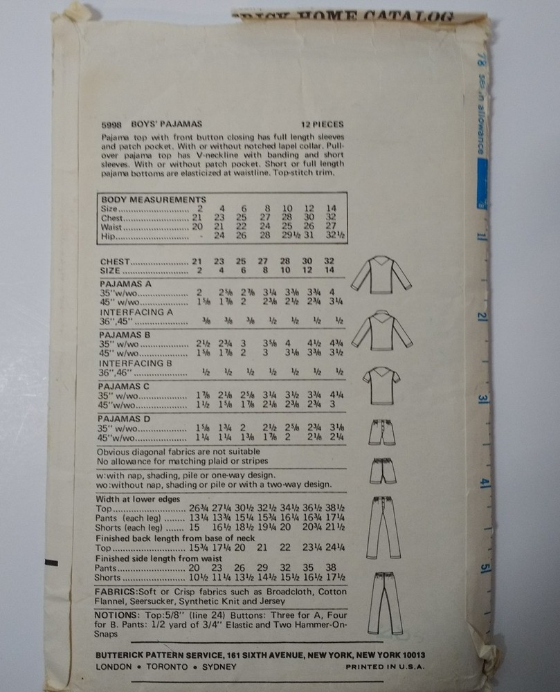 Butterick 5998 Size 4 Boys' Pajamas