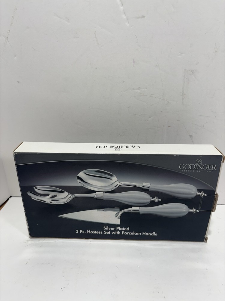 GODINGER SILVER PLATED 3 PC HOSTESS SET PORCELAIN HANDLE Spoon Fork Cake Server