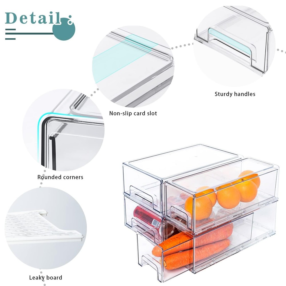 2 Pack Stackable Refrigerator Drawers Pull Out Bins Clear Fridge Drawer Organ...
