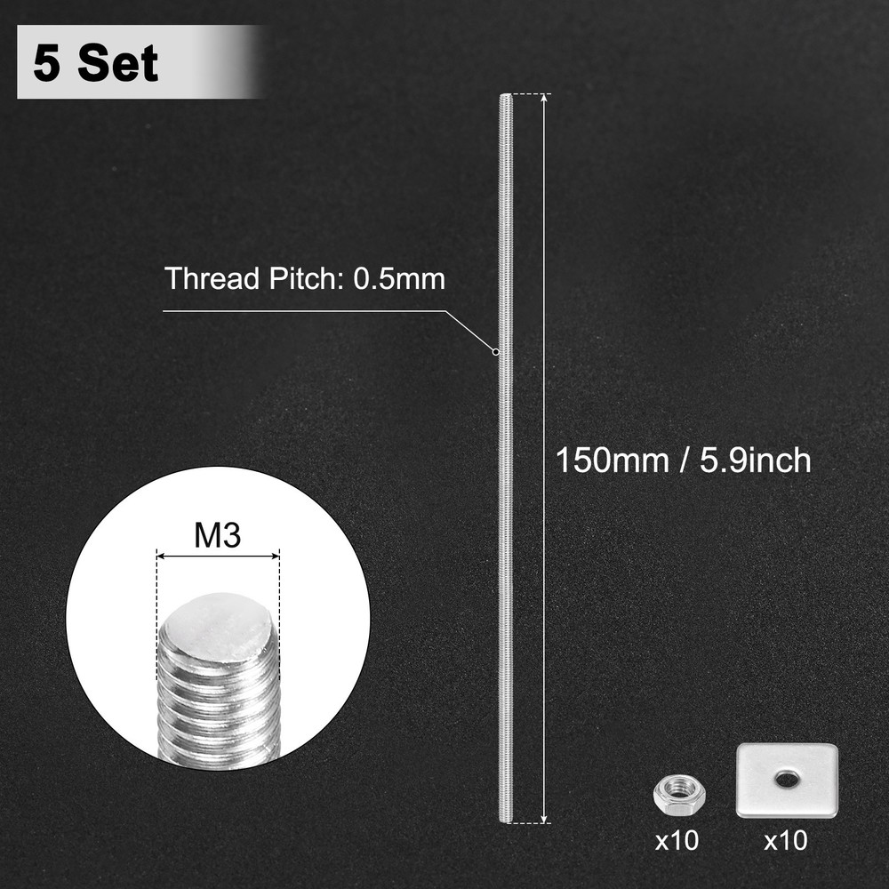 5-Set Fully Threaded Rod, M3x150mm Right Hand Thread Bar Studs with Nuts