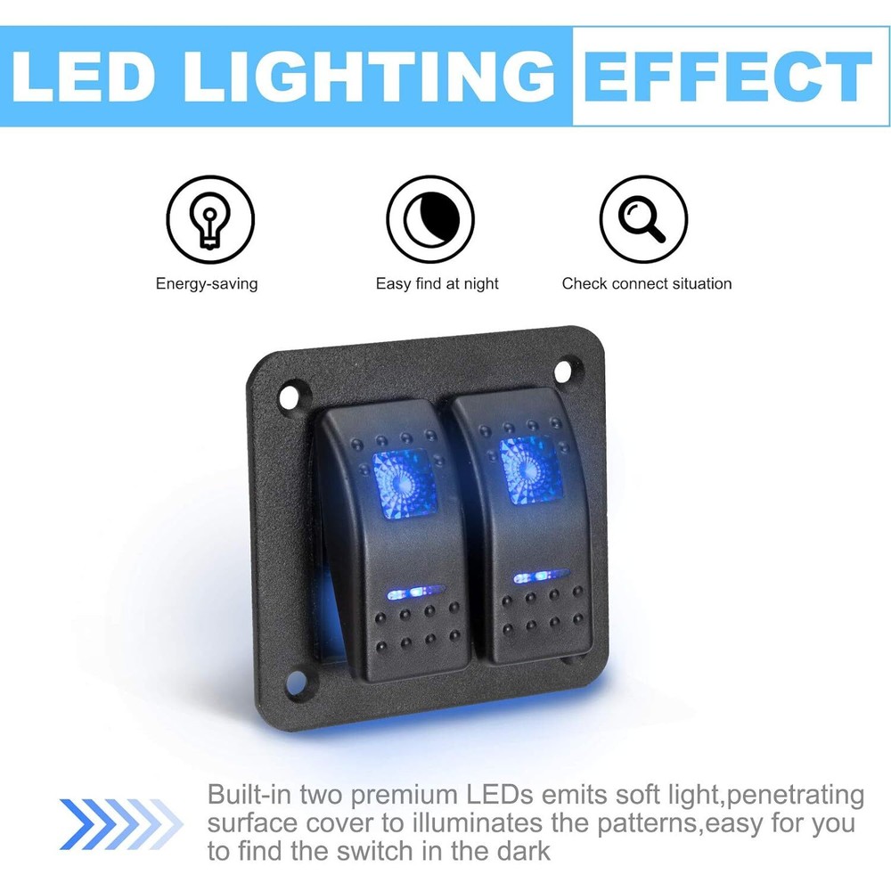 2 Gang Rocker Switch Aluminum Panel with Blue LED Light Waterproof 5 Pin