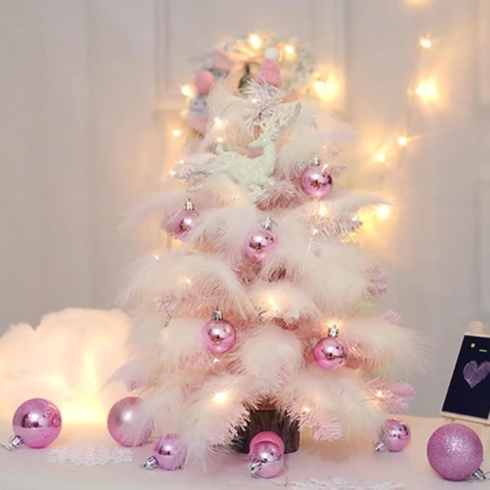 Mini Christmas Tree Tabletop Artificial Tree with Feather Leaf LED String Lights