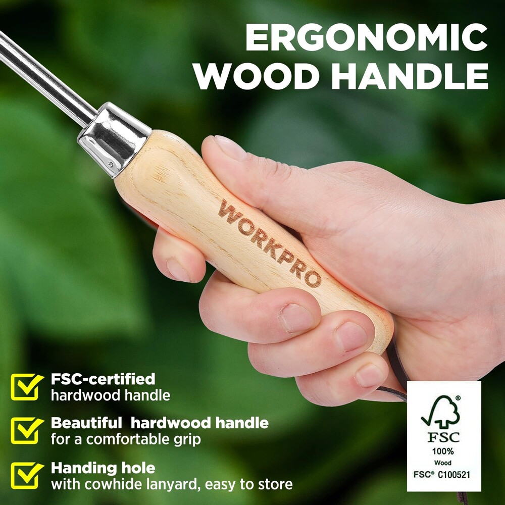 WORKPRO Weeder Puller Tool Wood Handle 2-Pronged Fork Weed Remover Tool Polished