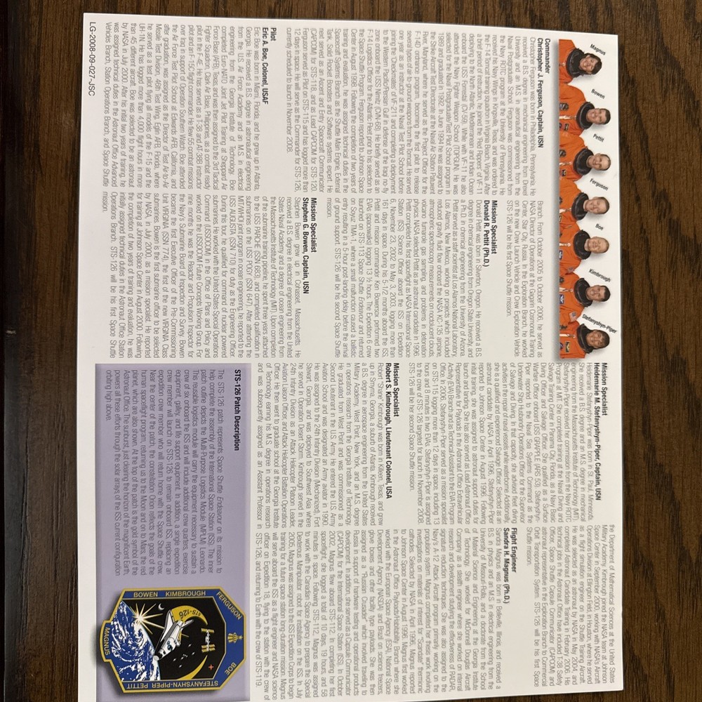 NASA Space Shuttle STS-126 Crew Lithograph (8x10)