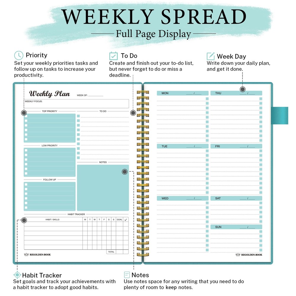 Weekly Planner Undated, Goals Schedule B5-Weekly Planner, Teal