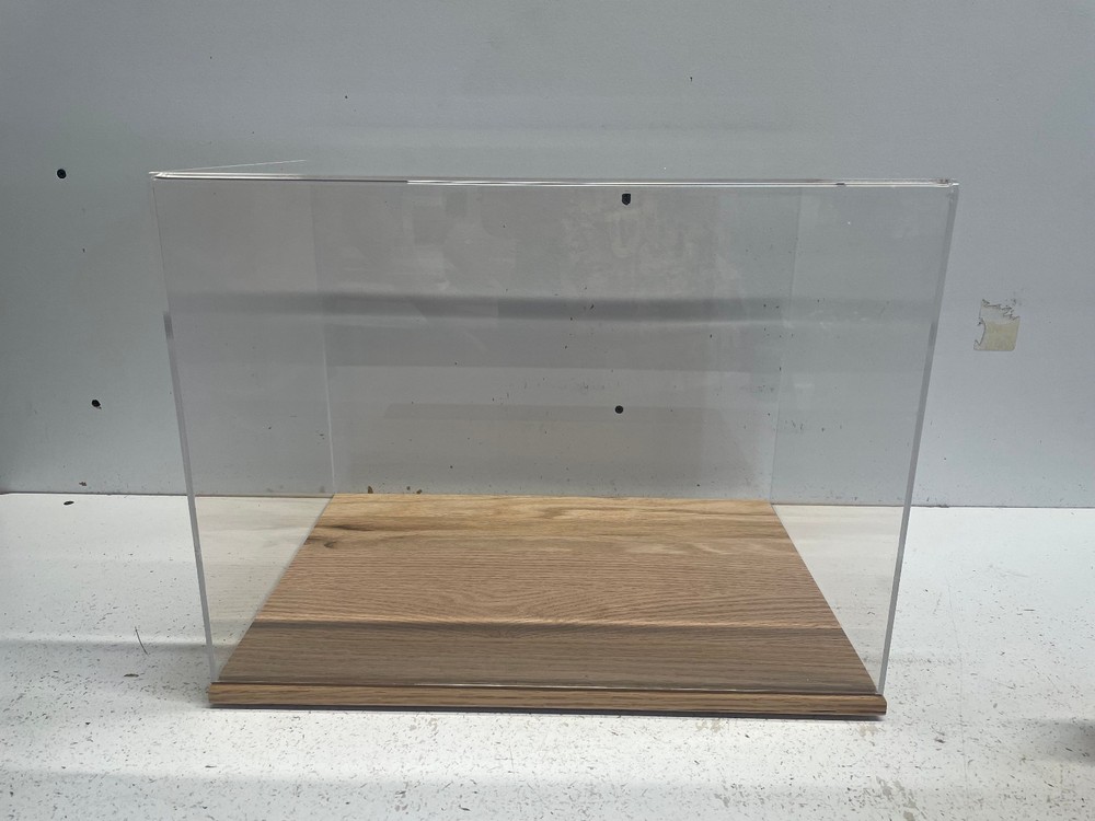 Motocross racing helmet acrylic display case 85% UV filtering solid oak base