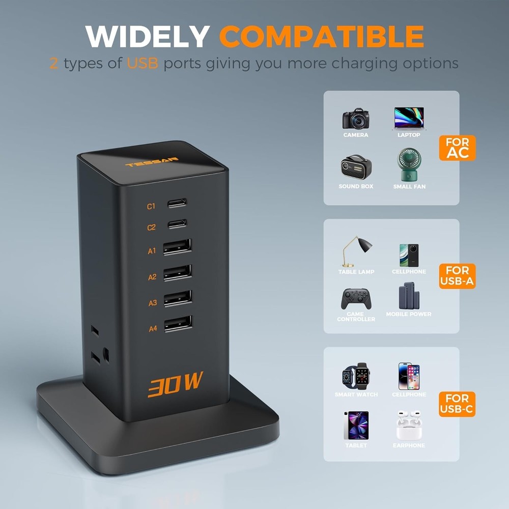 USB Charging Station for Multiple Devices 30W 6 USB Charger Tower Type C Charge