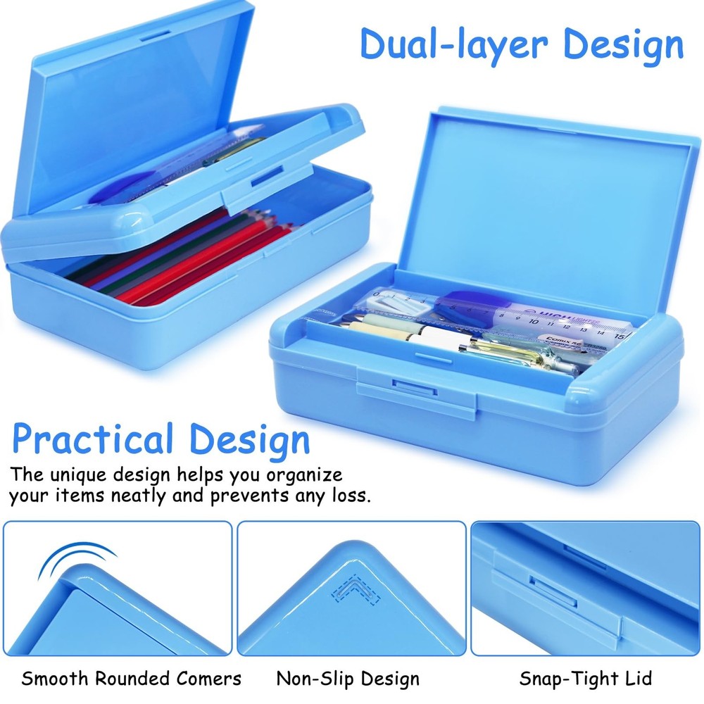 Double Layer Pencil Box, Hard Pencil case 2 Compartments, Plastic Large Capac...
