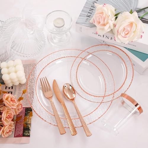 350PCS Rose Gold Plastic Plates-Disposable Plates 50 Guests include Clear Rose