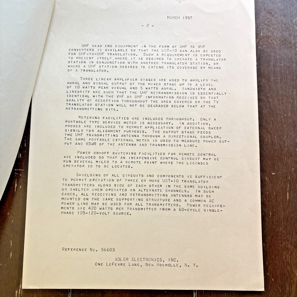 1957 Adler Electronics UST-10 Translator Transmitter Descriptive Paperwork 6 Pg