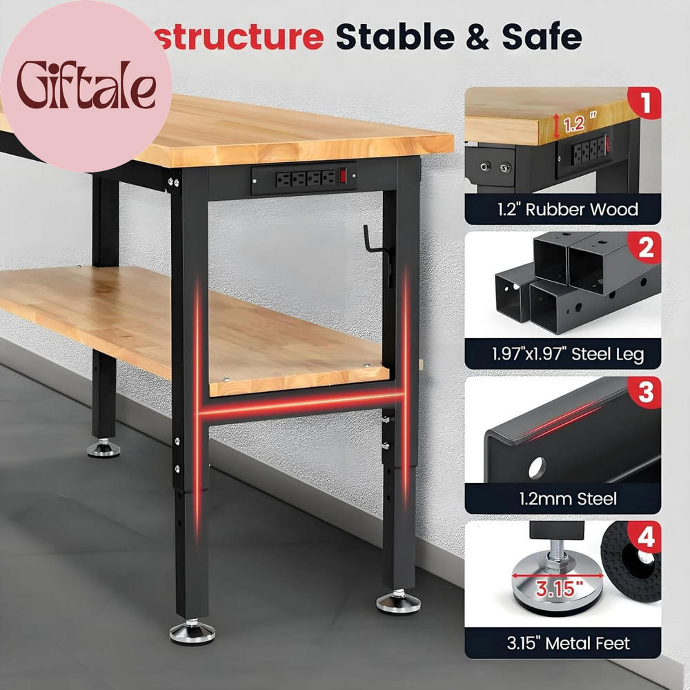 48 Inch Workbench for Garage Adjustable Height Work Bench with under Table Shelf