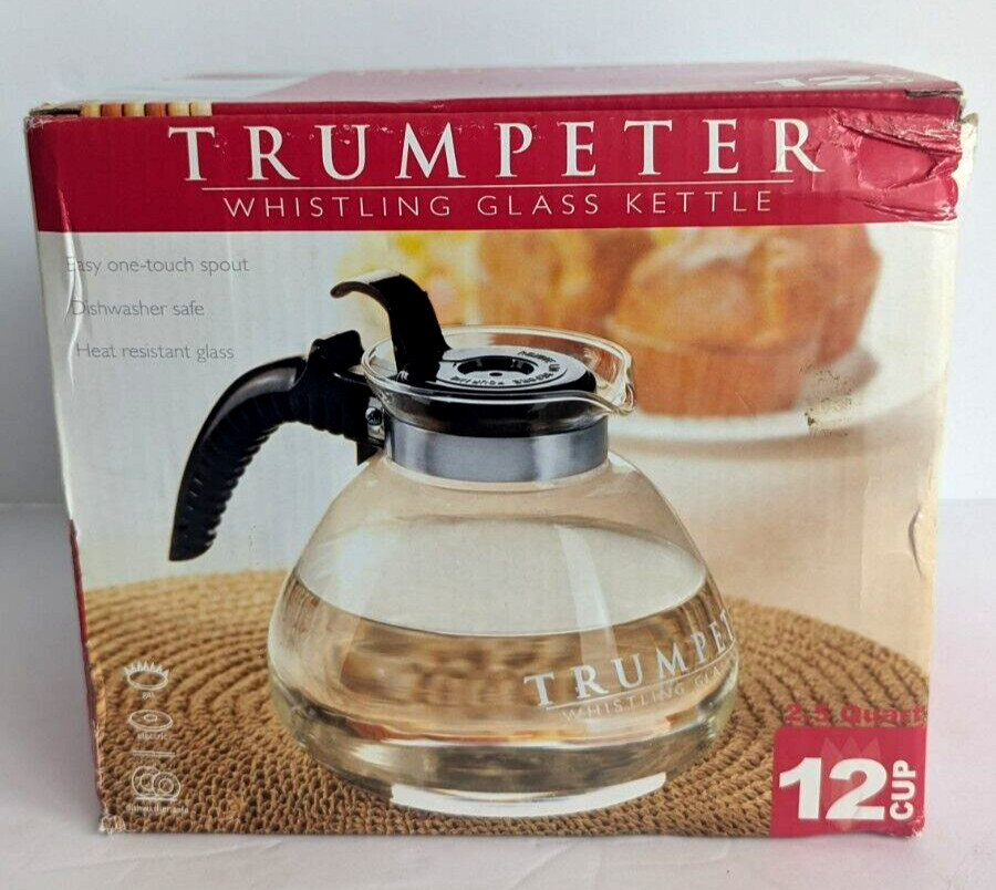 New Trumpeter Whistling Glass Kettle 12Cup Heat Resistant For Gas Electric Stove