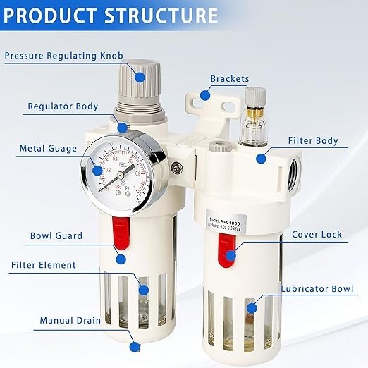 1/2" NPT Compressed Air Filter Regulator Combo, 5 Micron Brass Filter
