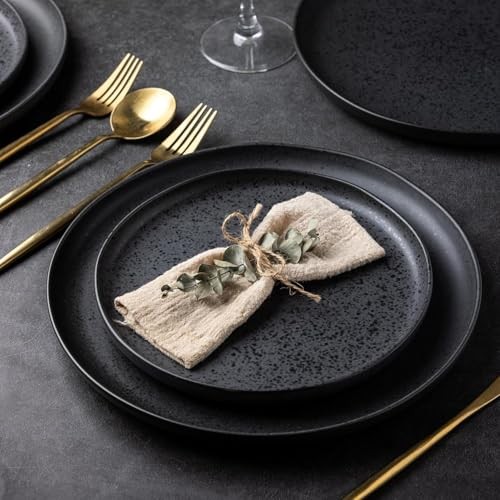 Ceramic Dinnerware Sets, Wavy Rim Stoneware Service for 6 Matte Speckled Black