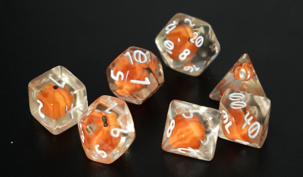 7 clear pumpkin acrylic dice set
