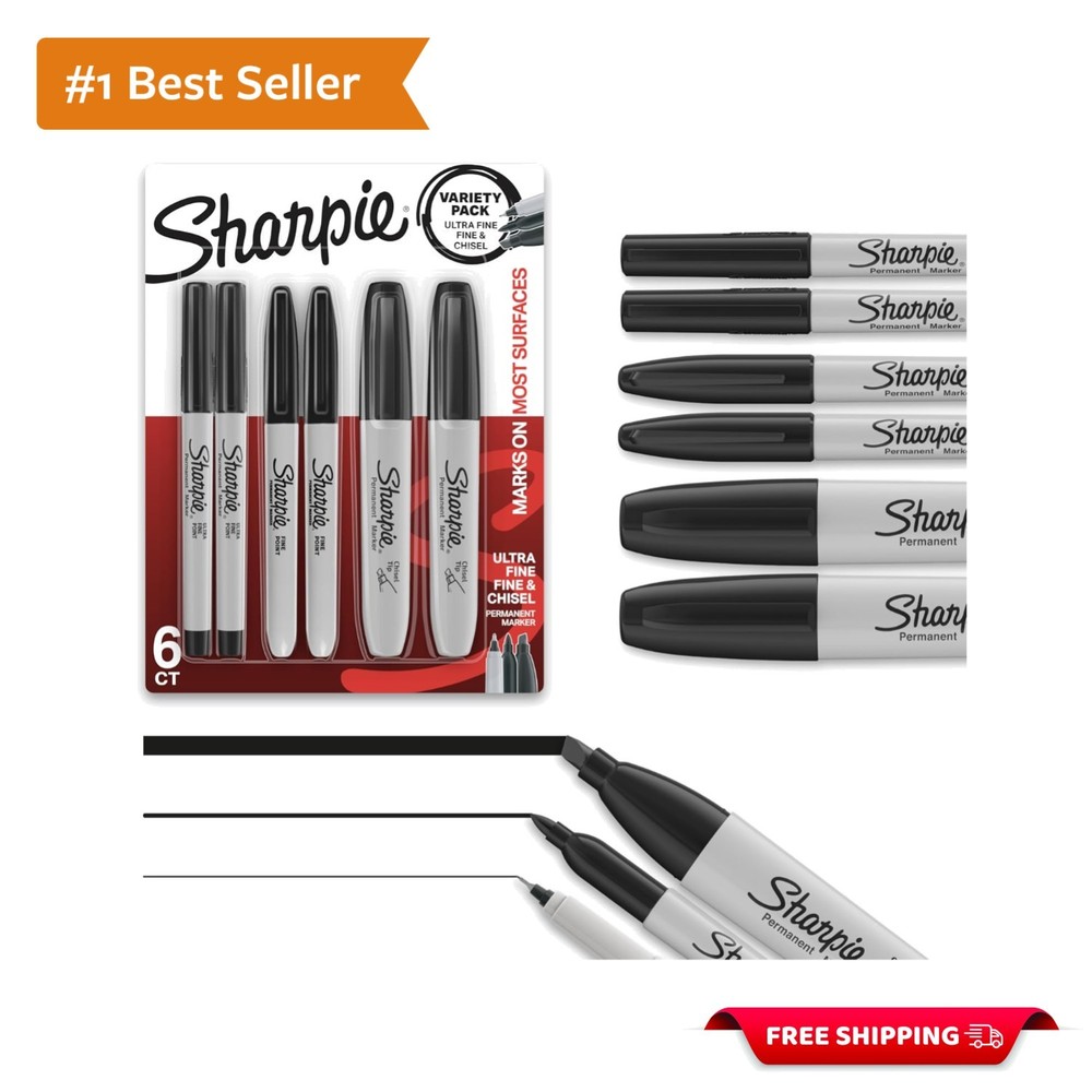 Black Permanent Marker Set - 6 Count with Chisel, Fine & Ultra-Fine Tips