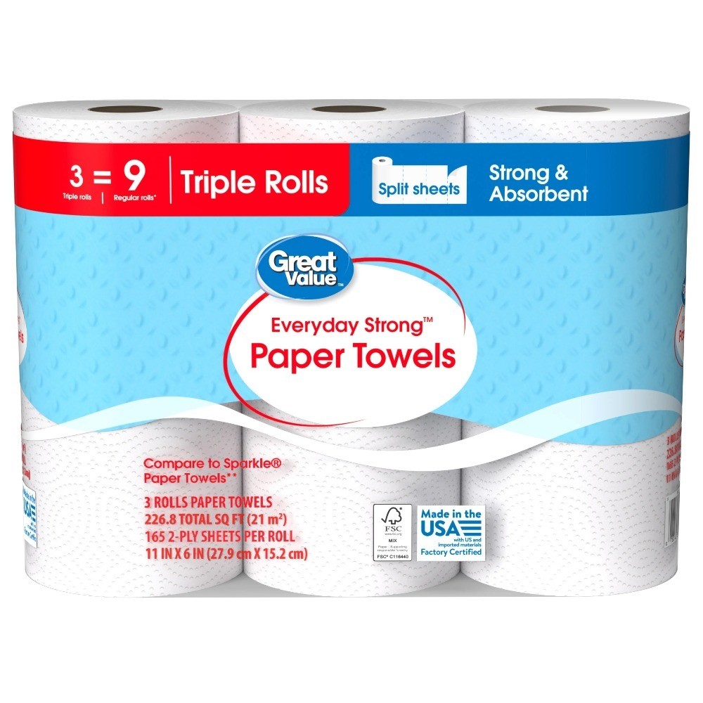 Triple Roll Paper Towels Split Sheets Everyday Strong Absorbent 3 Pack