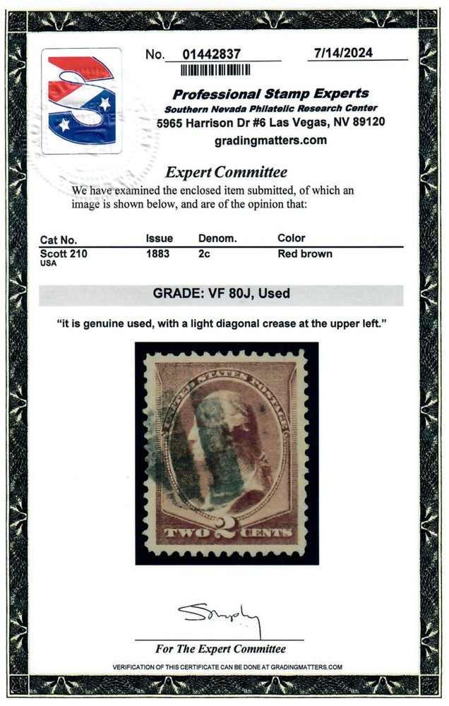 Scott 210 Used Premium Example PSE Graded VF 80J