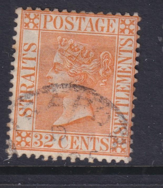 STRAITS SETTLEMENTS, 1887 Crown CA, 32c. Orange Vermilion, used.
