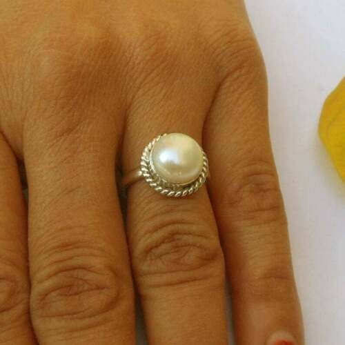 Pearl Gemstone Ring Solid 925 Silver Handmade Statement Boho Ring All Size SR743