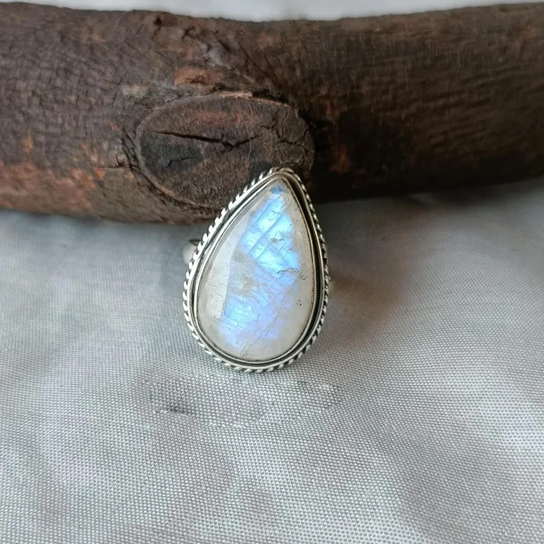 Solid 925 Sterling Silver Pear Cut Blue Flash Rainbow Moonstone Handmade Ring
