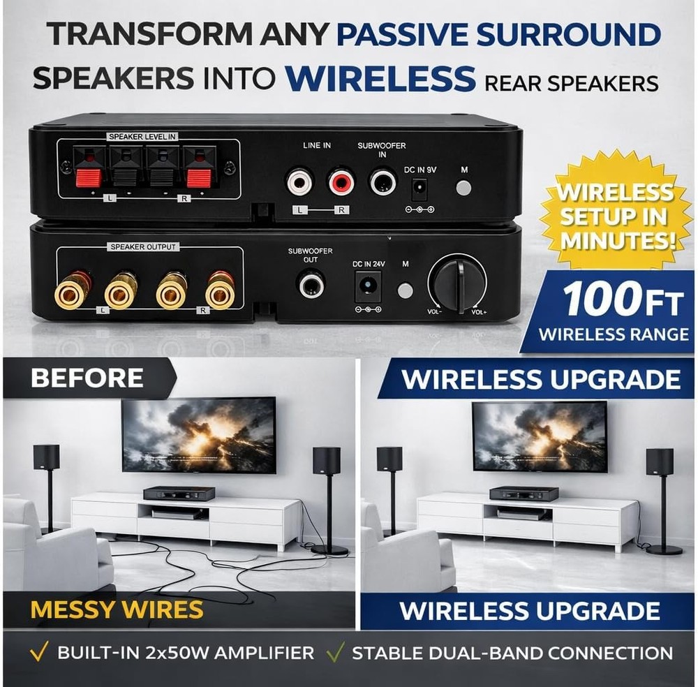 Wireless Rear Speaker Amplifier 100ft Range
