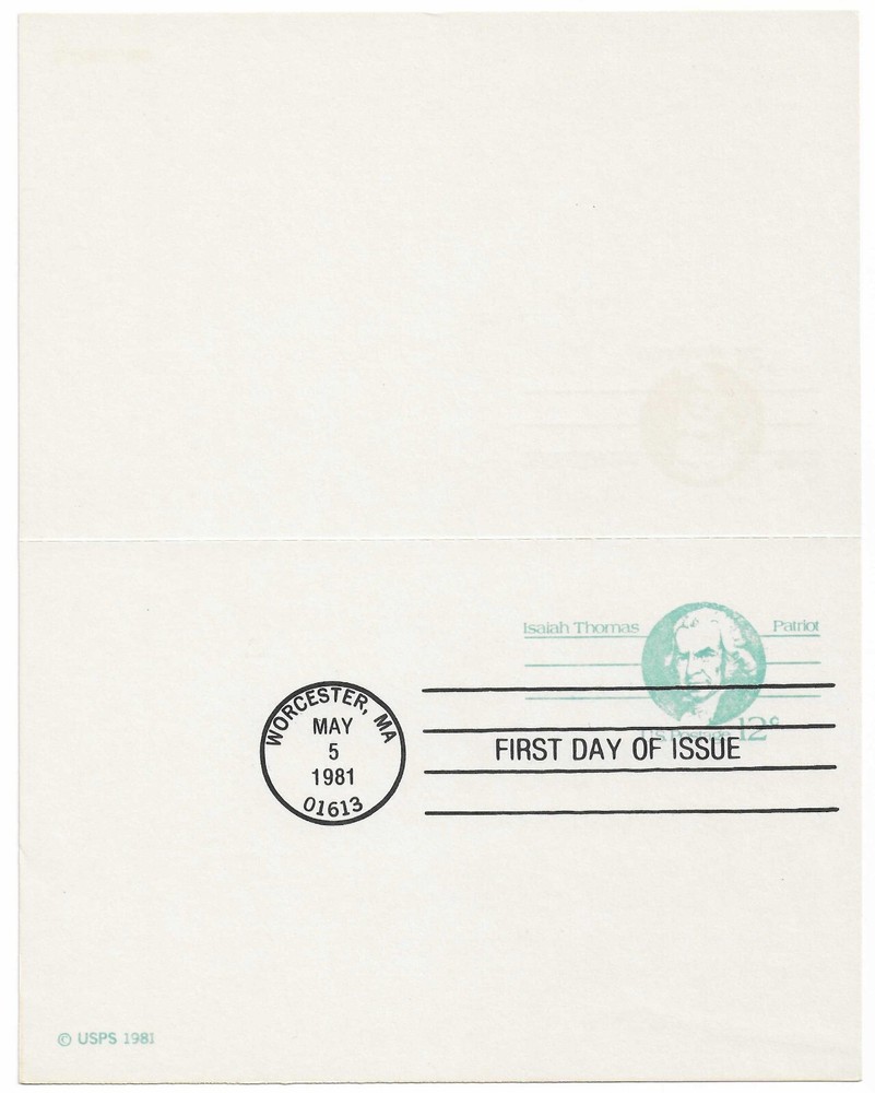 STAMP US SCOTT UY32 "Isaiah Thomas" 2 POSTCARDS ATTACHED 12 + 12 CENT 1981 FDC