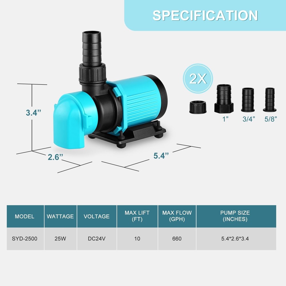 660GPH Aquarium Return pump with LCD display controller, DC 24V 25W aquarium ...