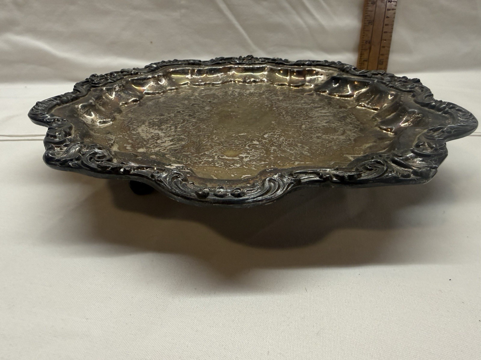 Vintage Coronet Silver on Copper Round Ornate Footed Serving Tray