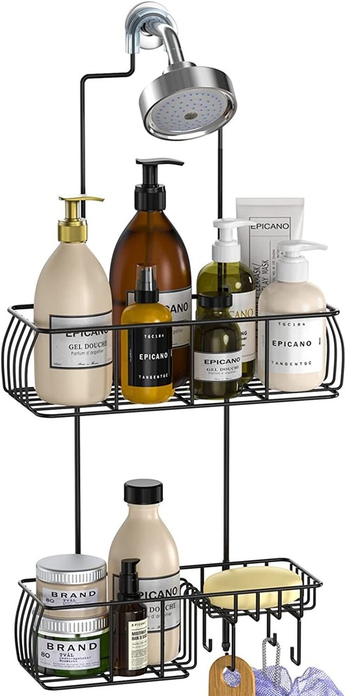 Anti-Swing Hanging Shower Caddy Rustproof with Hooks Black Metal
