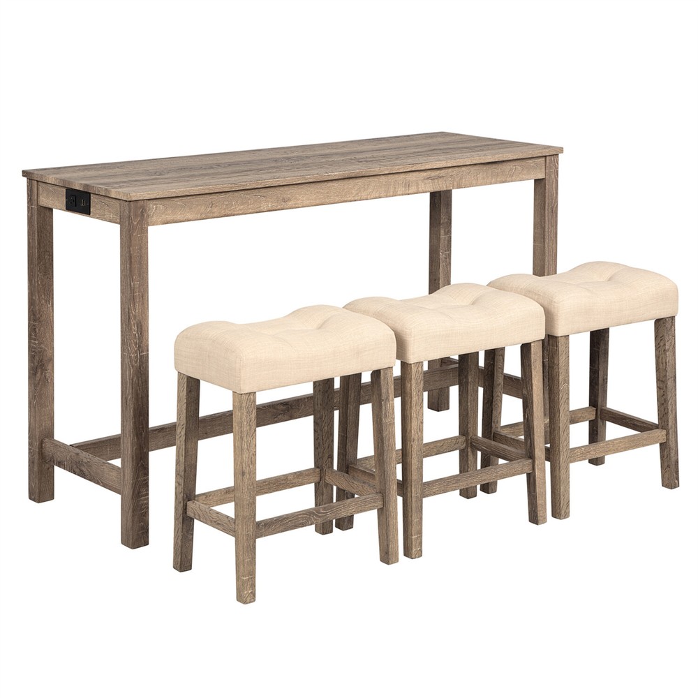 4 Piece Bar Table Set Counter Height Kitchen Dining Table with 3 Stools US