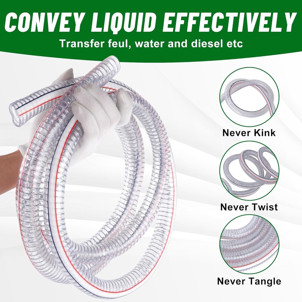 3.3FT 1" ID x 1.25" OD Steel Wire Suction Hose PVC Reinforced Tubing High Pre...