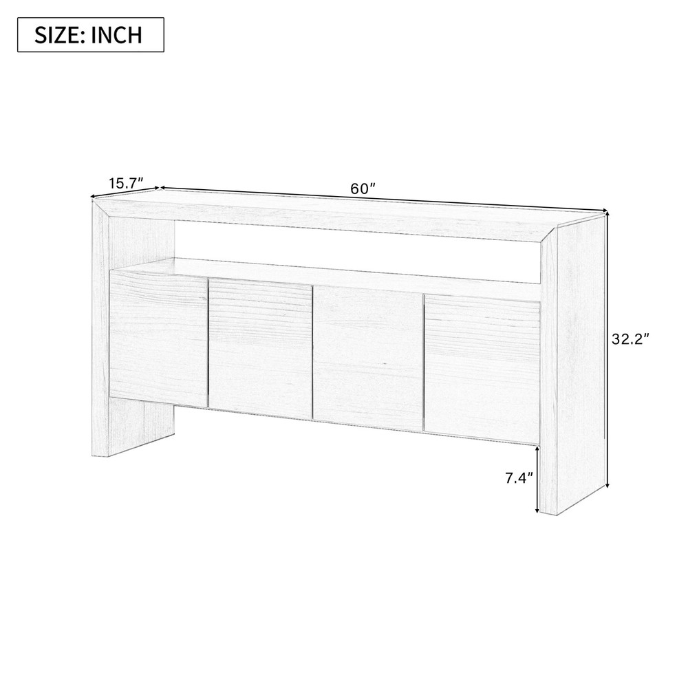 60" Modern Minimalist Solid Wood Veneer Sideboard (4 Doors+Open Shelf, Natural