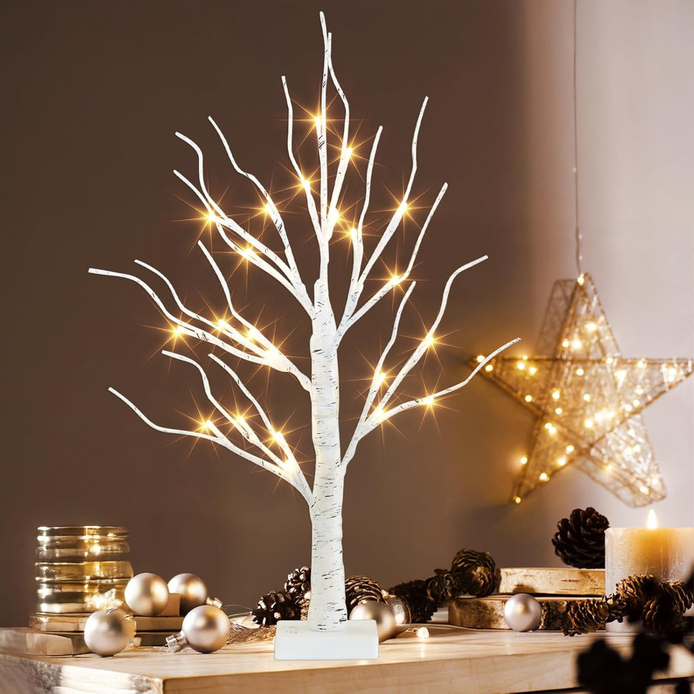 Artificial Tree for Christmas Decorations, 2FT Birch Tree with LED Lights, Warm