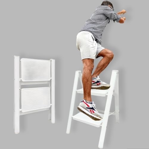 2 Step Folding Ladder Aluminum | White Standing Ladders Foldable - Two Step L...