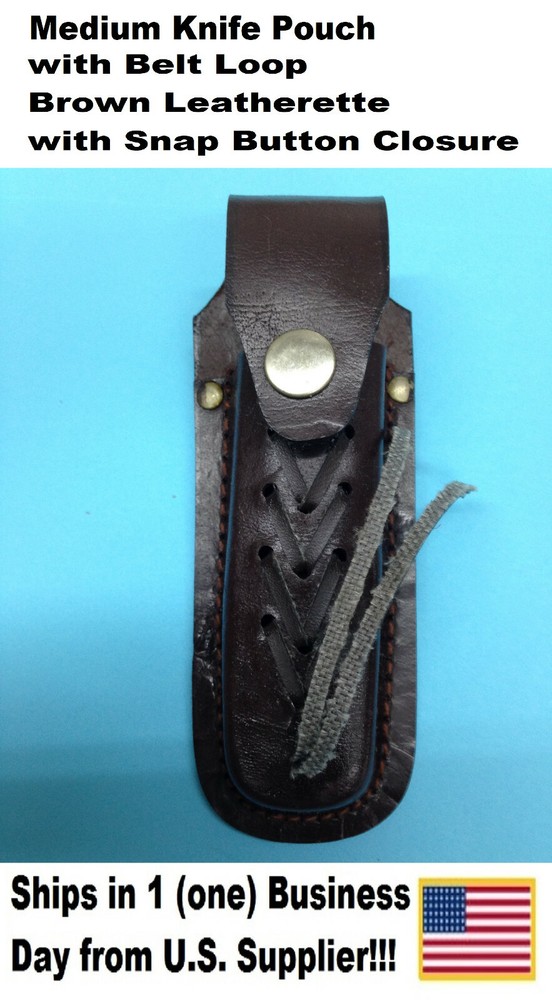 Medium Brown Laced Leatherette Knife Pouch/Carrying Case w/Belt Loop/Snap Button