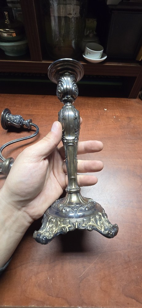 WM Rogers and Son 3 Arm Silver Candlesticks Victorian Rose