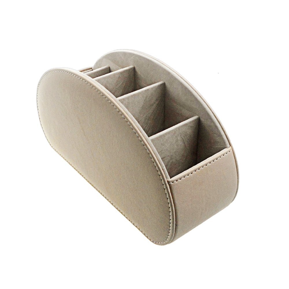 Beige Leather 5 Compartment Remote Control Holder Desk Storage Organizer Caddy